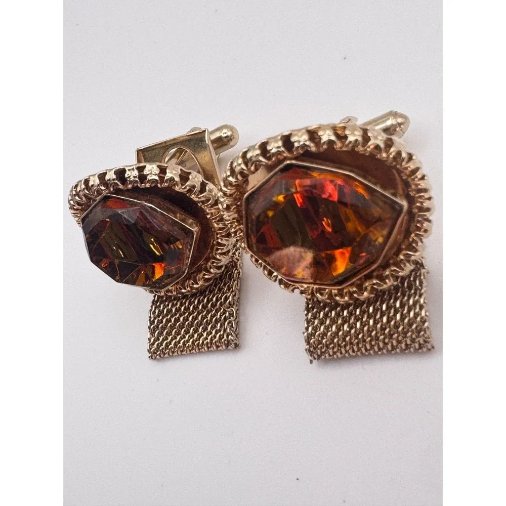 Vintage Mesh Cufflinks Orange and Green Faceted Shield MCM Gold Tone Wrap